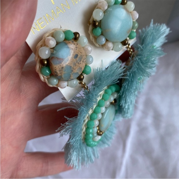 Neiman Marcus Statement Fran Drop Fringe Round Stone Bead Green Teal blue NWT - Picture 12 of 15